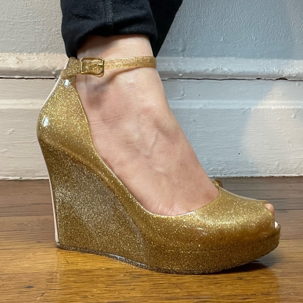 Gold Glitter Jelly Peep Toe Platform Wedges Sz 5